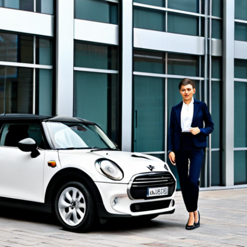 Home 7 **Subject:** A professional businesswoman standing confidently next to a modern electric "Mini Car". **Clothing:** She is wearing a modest, tailored business suit and appropriate shoes. **Environment:** The setting is a bright, clean urban environment with modern architecture in the background. **Modifiers:** Safe for work, appropriate content, fully clothed, professional, perfect anatomy, correct proportions, natural pose, high-quality rendering, well-formed hands, proper finger count, natural body proportions.