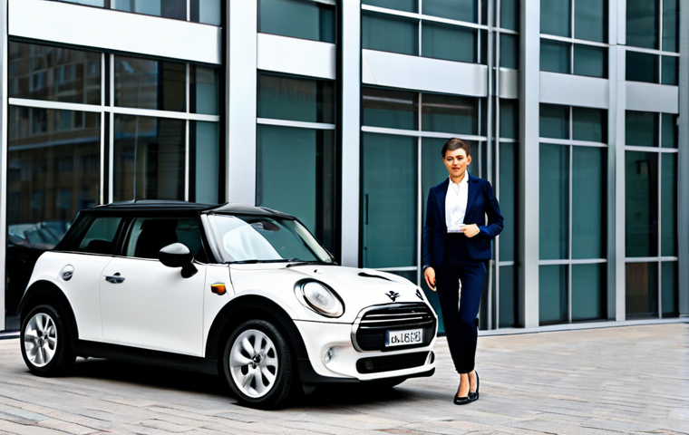 **Subject:** A professional businesswoman standing confidently next to a modern electric "Mini Car". **Clothing:** She is wearing a modest, tailored business suit and appropriate shoes. **Environment:** The setting is a bright, clean urban environment with modern architecture in the background. **Modifiers:**  Safe for work, appropriate content, fully clothed, professional, perfect anatomy, correct proportions, natural pose, high-quality rendering, well-formed hands, proper finger count, natural body proportions.
