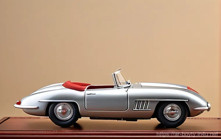 미니카 활용 창작 아이디어 - **A highly detailed studio shot of a vintage miniature classic car, such as a bright red 1950s sport...