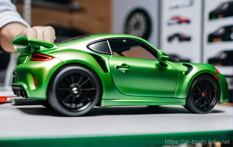미니카와 3D 프린터 활용 - **Prompt:** A close-up shot of a passionate miniature car enthusiast, with a brightly lit 3D printer...