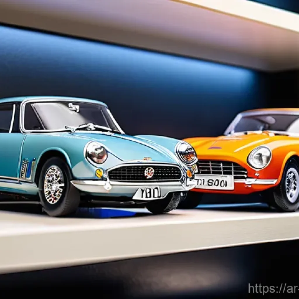 미니카와 유사 장난감 비교 - **Prompt 1: "A beautifully curated collection of highly detailed die-cast model cars displayed on sl...