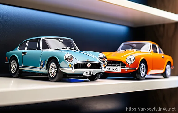 미니카와 유사 장난감 비교 - **Prompt 1: "A beautifully curated collection of highly detailed die-cast model cars displayed on sl...