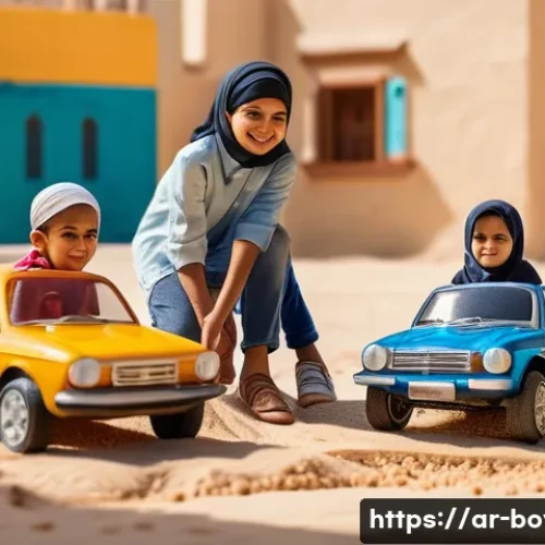 Home 28 미니카로 배우는 과학 원리 - A detailed scene showing a group of Arab children wearing modest casual clothing, experimenting with...