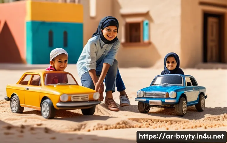 미니카로 배우는 과학 원리 - A detailed scene showing a group of Arab children wearing modest casual clothing, experimenting with...